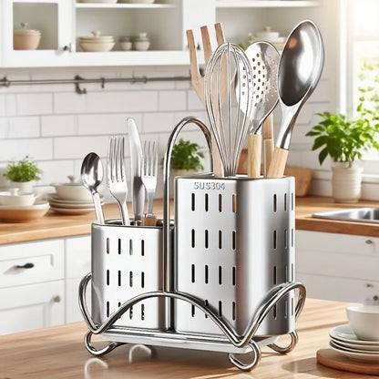 Kitchen Cutlery Organiser, Stainless Steel Utensil Holder for Spoon Fork Knife, Multifunctional Desktop Tableware Storage Rack