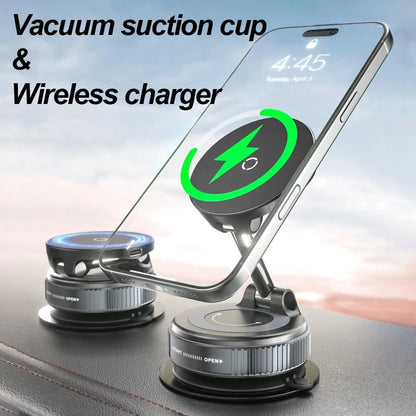 Car Magnetic Wireless Charger Phone Holder & 360° Rotation Vacuum Suction Cup Stand For iPhone 16 15 14 13 12 Fast Charging Dock