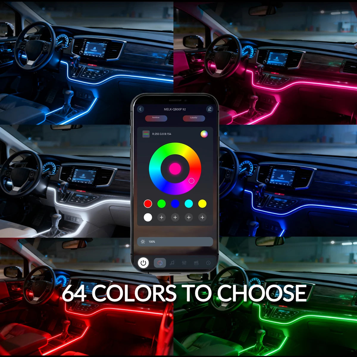 18IN1 Full Color Streamer Car Ambient Lights RGB 64 Color Universal LED Interior Hidden Acrylic Strip Symphony Atmosphere Lamp