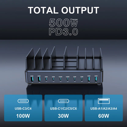 500W USB C Charger 10 Ports GaN Charging Station Stand PD 100W Fast Charge for MacBook Pro iPhone Samsung Laptops Tablets