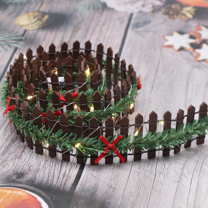 MicoLandscape Christmas Elf Fairy Garden Miniature Wooden Fence Handmade LED Light String Vine Landscape Greenery Evergreen Prop