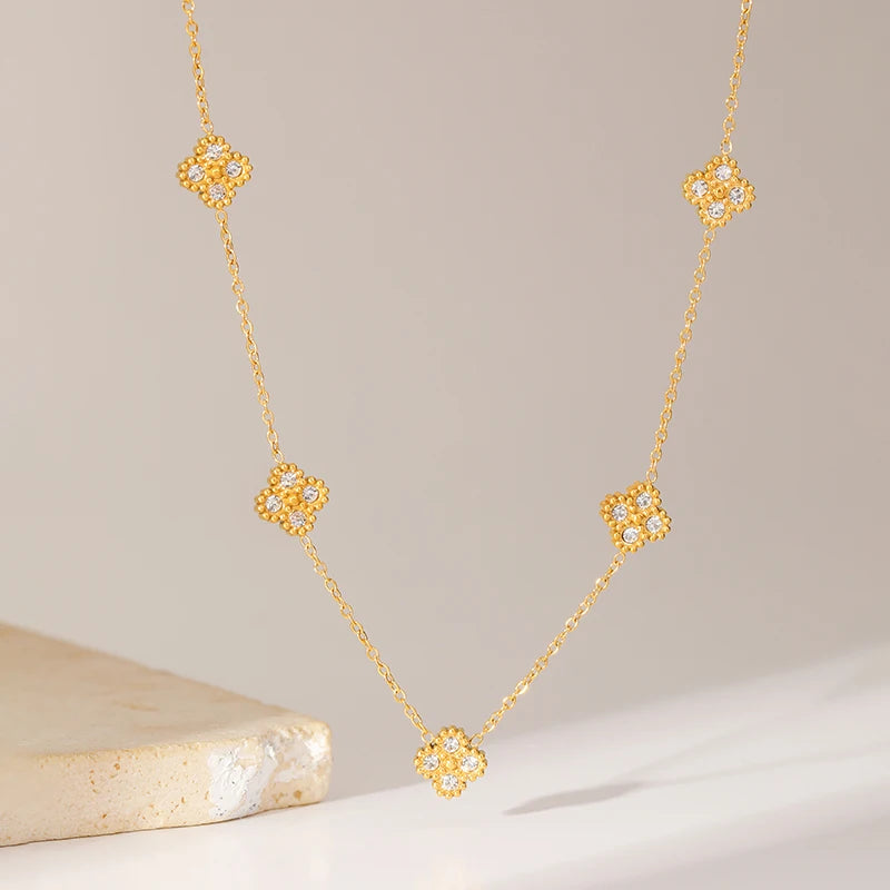 GANEMLY Clover Flower Zircon Necklace – 316L Stainless Steel Waterproof