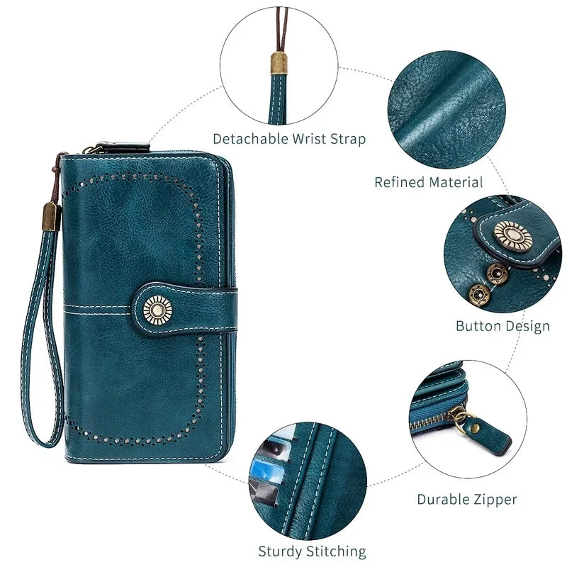 Unisex RFID Blocking Vintage Waxed Leather Long Wallet Large Capacity Zipper Clutch Multi Slots Card Coin Hand Purse
