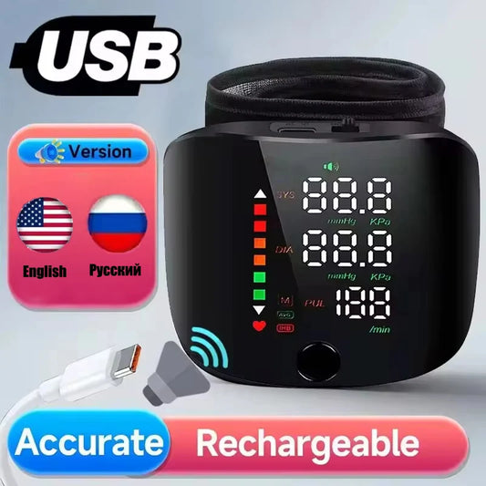 Rechargeable Wrist Blood Pressure Monitor-Digital Sphygmomanometer with English Voice Alert,Medical Tonometer Health Tracking