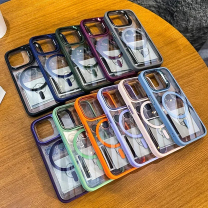 Luxury Magnetic Shockproof Phone Case For iPhone 16 15 14 13 12 11 Pro Max Plus Pro Funda Stand Glass Lens Protection Back Cover