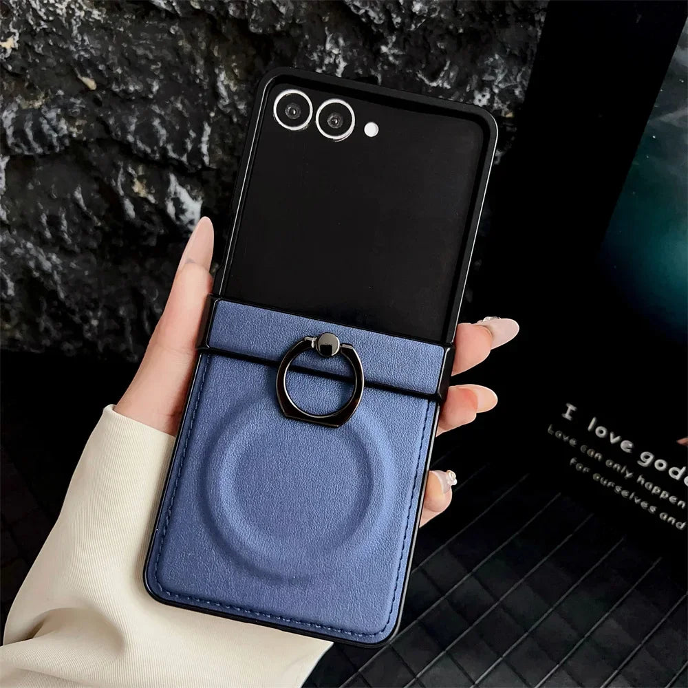 360 Rotating Magnetic Ring Holder Phone Case For Samsung Z Flip 7 6 5 4 3 Flip6 Flip5 Flip4 Flip3 5G PU Leather Back Cover