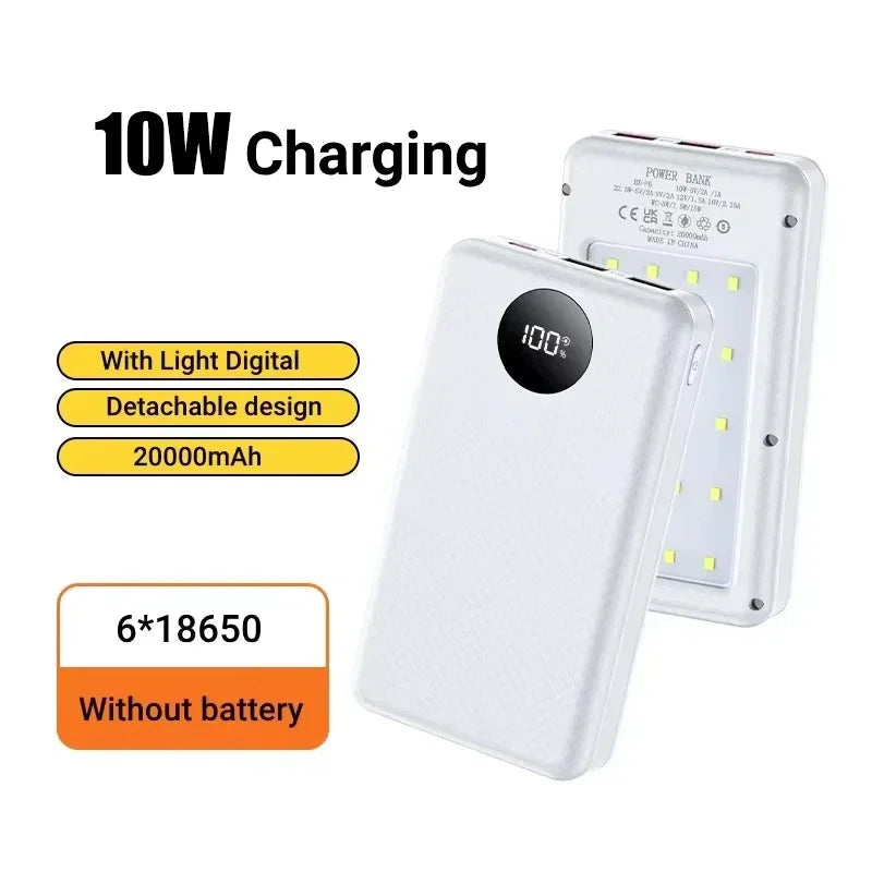 KEBIDUMEI 18650 Battery Power Bank 22.5W+15W Fast Charging Box Dual USB Type C Charging Shell With Camping Light For Phone