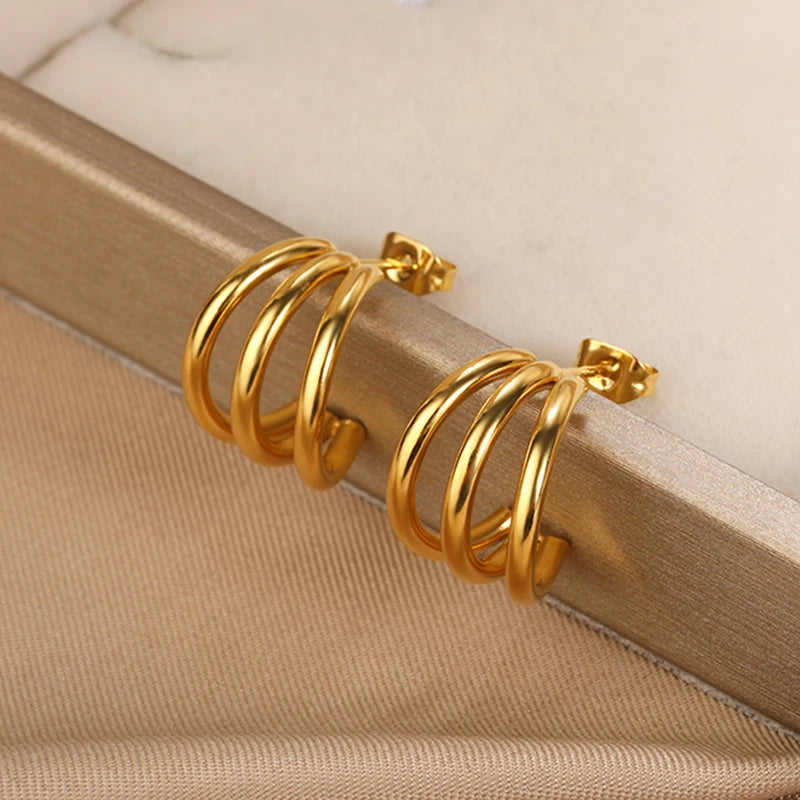 Gold Plated Stainless Steel Geometric Claw Earrings - Starfish & Heart Studs for Women, Waterproof Fashion Jewelry Gift