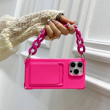 Liquid Silicone Wallet Card Slot Four Corner Anti-Fall Bracelet Phone Case for iPhone 17 18 Pro Max 15 14 13 12 Mini 16 Pro Max