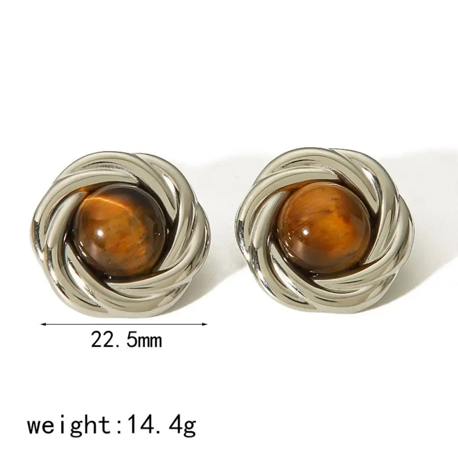 Tiger-Eye Natural Stone Earrings – 18K Gold Plated Stainless Steel, Waterproof