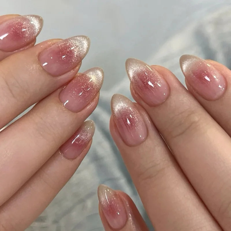 24pcs Glossy Red Cat's Eye Press On Nails Full Cover Nude Color Wearable Almond False Nails Charms Detachable Fake Nail For Girl