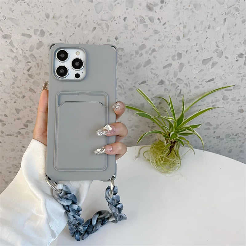 Liquid Silicone Wallet Card Slot Four Corner Anti-Fall Bracelet Phone Case for iPhone 17 18 Pro Max 15 14 13 12 Mini 16 Pro Max