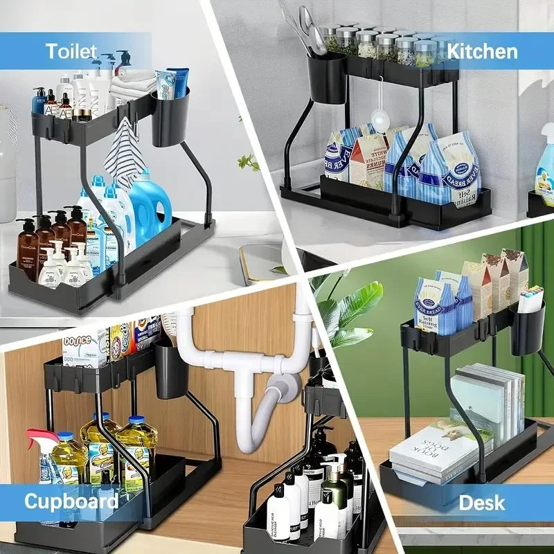 Space-Saving Organizer Shelf 2-Tier Pull-Out Storage Organizer Durable Large Capacity Drawer for Kitchen and Bathroom Essentials