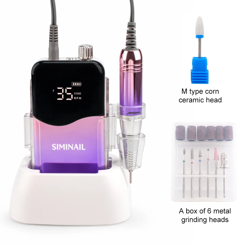 SIMINAIL Professional Nail Drill Machine 35000RPM Portable Electric Nail File Rechargeable Manicure Machine Set Efile Bit Kit