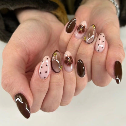 24Pcs Autumn Winter Matte Almond False Nails with Glue Rose Leaf Printing Nail Art Simple Full Cover Press on Acrylic Nails Tips