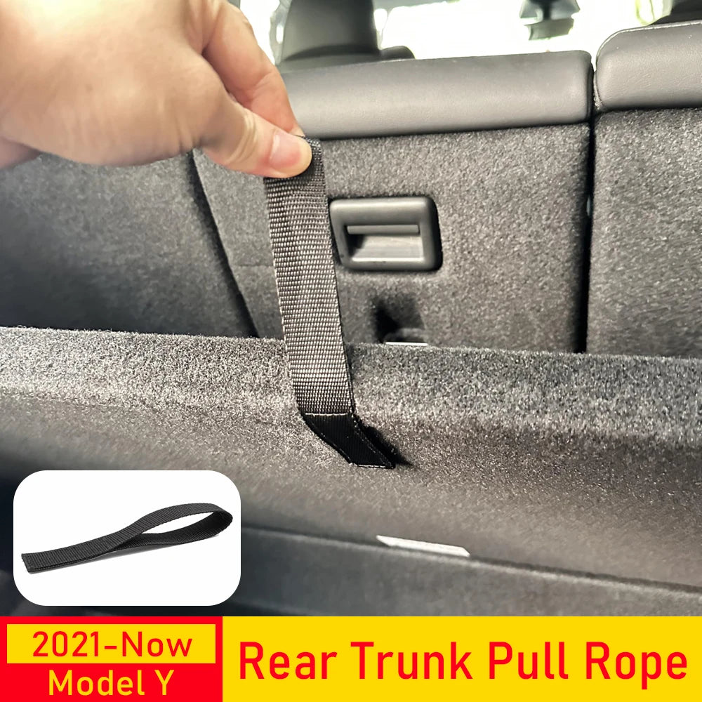 For Tesla Model Y Rear Trunk Rope DrawString Open Tail Box Cover Handle Pull Strap Car Organizer Accessories Mat Protection Pad