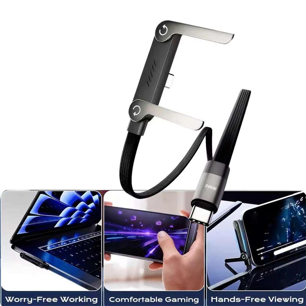 240W 2 in 1 USB C to USB C Fast Charging Foldable Bracket Data Cable Type C Desktop Holder Charging Wire For Iphone17 16 Samsung