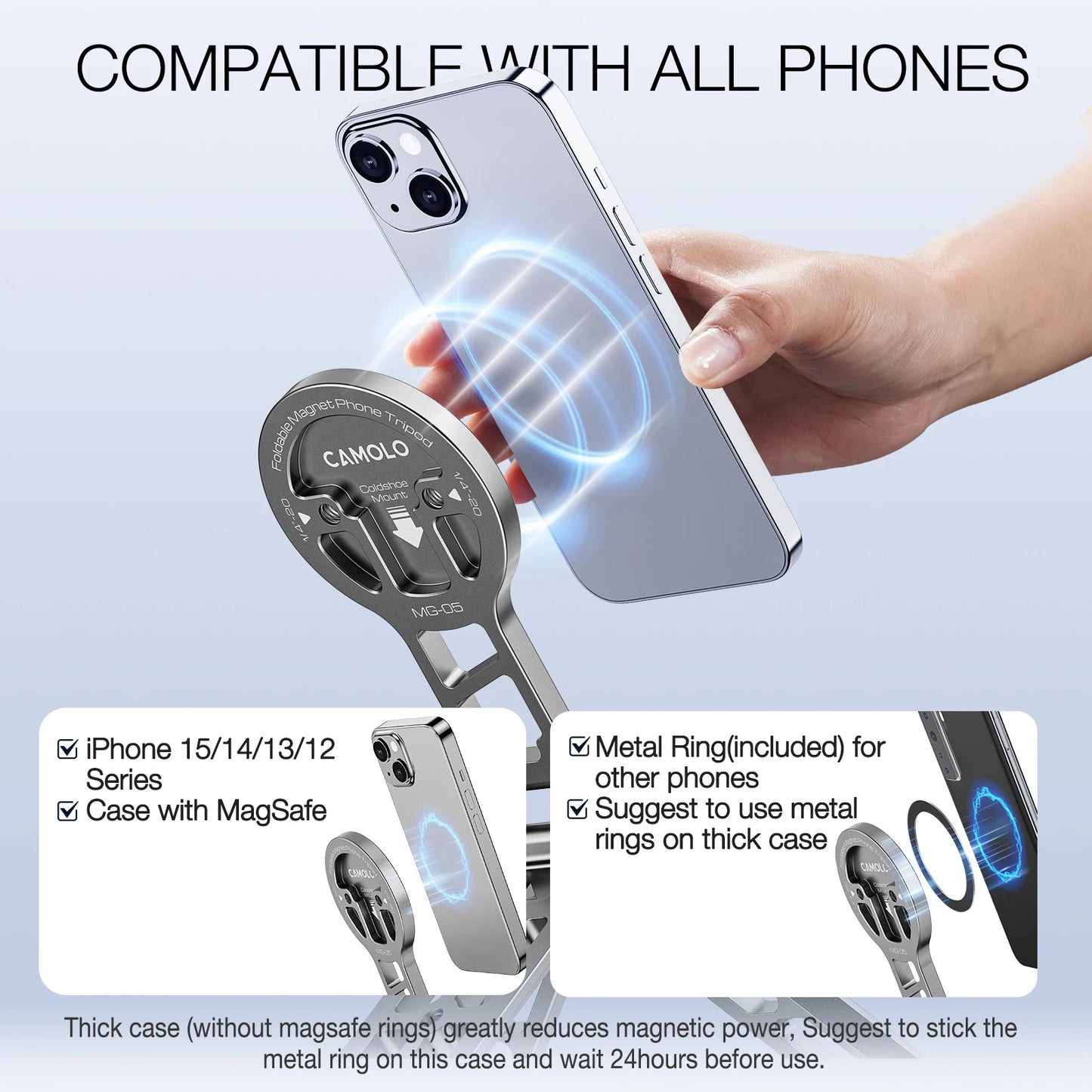 CAMOLO MG-05 Magnetic Phone Holder Magsafe Tripod w/ Arca-Swiss Cold Shoe for Phone Vlog Foldable Desktop Phone Mount for Travel