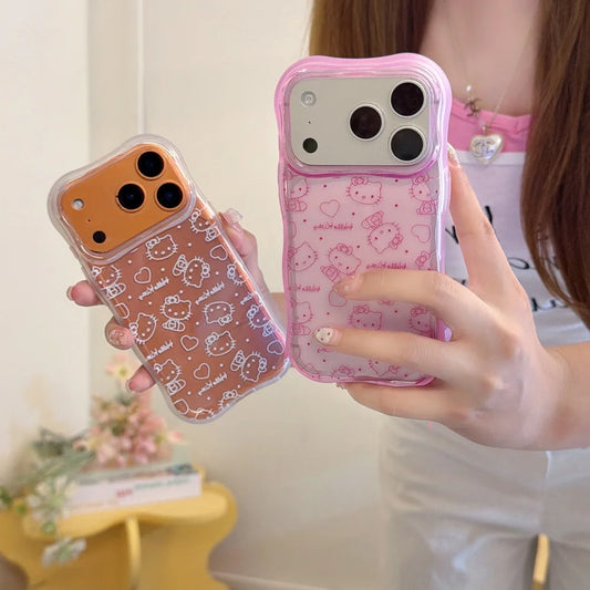 Cute Wave Full Screen Line Hello Kitty Case For iphone 17 16 15 Pro Max Cartoon Sanrio Shockproof Protective Acrylic Phone Cover