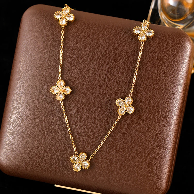 GANEMLY Clover Flower Zircon Necklace – 316L Stainless Steel Waterproof