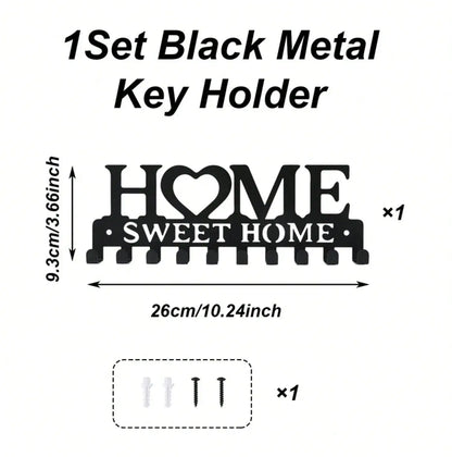 1Pc Black Metal Wall Mount Key Holder, Sweet Home Style Key Rack With 10 Hooks, Practical Key Hanger