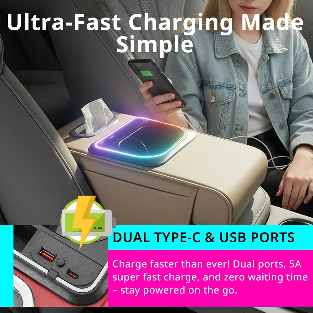 Car Armrest Cushion Center Console Storage Organizers Seat Cover Cup Holder Tissue Box Phone Slot Fast Charger Ambient LED Light