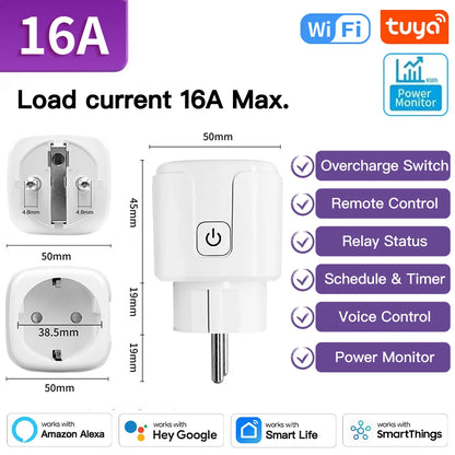 Tuya WIFI Smart Socket EU 16A/20A Wifi/Zigbee3.0 Smart Plug With Power Monitoring Smart HomeVoice Control Support  Alexa