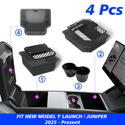 TEKSY 1/2/3/4/6/7/8pcs For Tesla New Model Y 2025 2026 Juniper ABS with Silicone Non-slip Mat Console & Armrest Storage Box