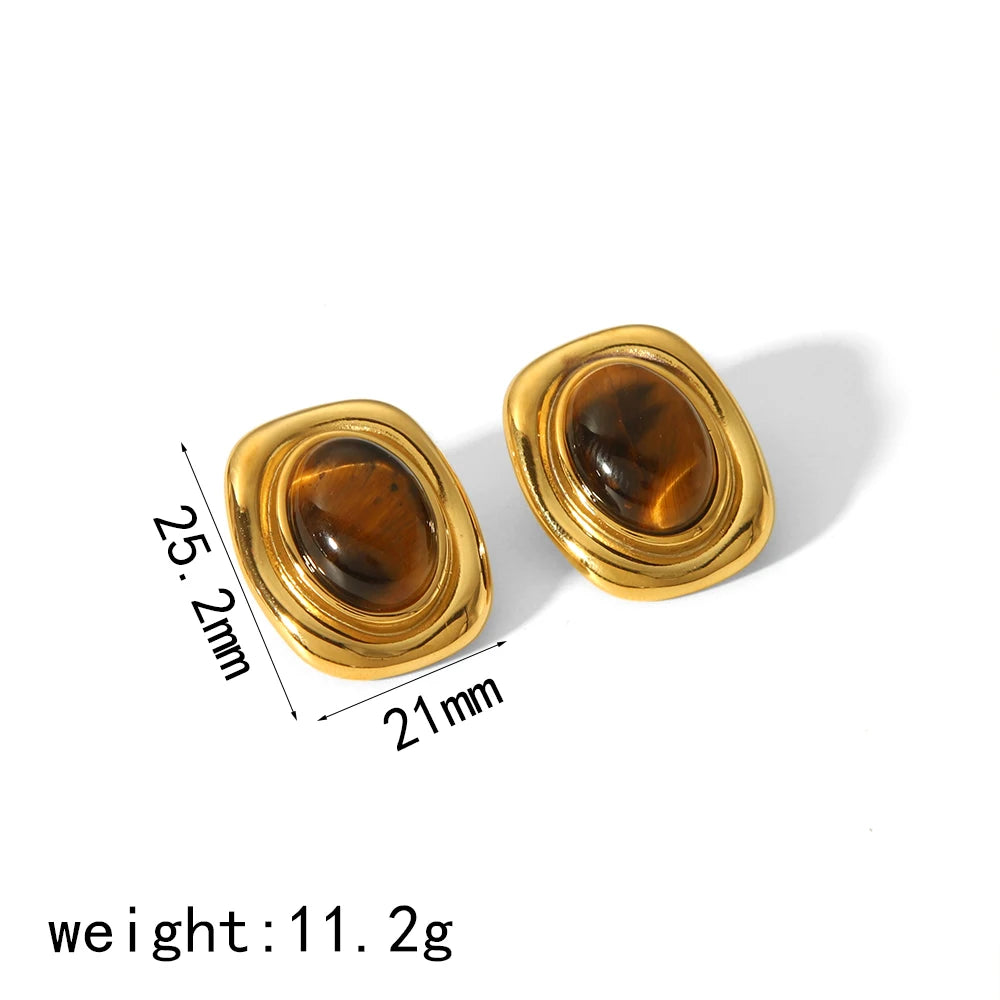 Tiger-Eye Natural Stone Earrings – 18K Gold Plated Stainless Steel, Waterproof