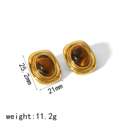 Tiger-Eye Natural Stone Earrings – 18K Gold Plated Stainless Steel, Waterproof