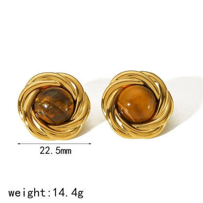 Tiger-Eye Natural Stone Earrings – 18K Gold Plated Stainless Steel, Waterproof