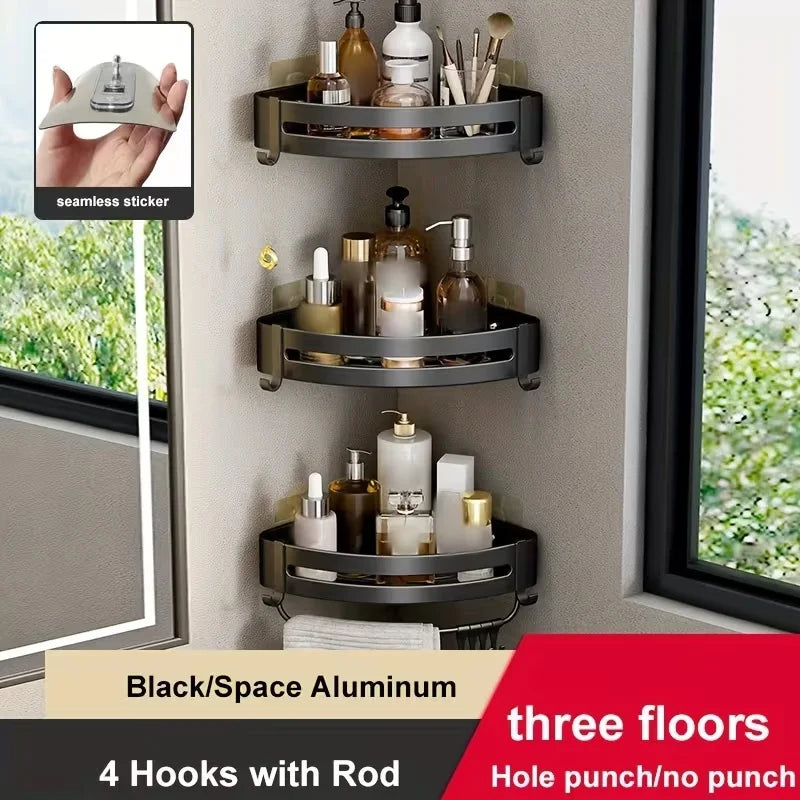 1pc Non-Drill Aluminum Bathroom Storage Rack - Wall Mounted Corner Rack Used For Storing Bathroom Shampoo Shower Gel Cosmetics