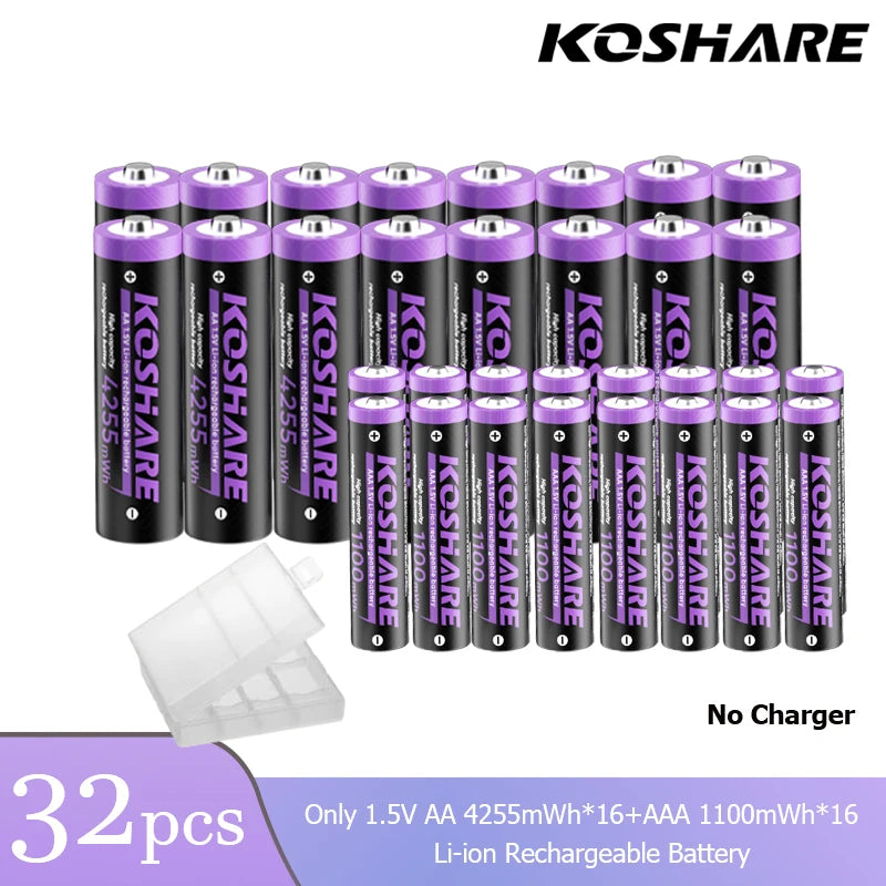 KOSHARE 1.5V AA 4255mWh AAA 1100mWh Rechargeable Lithium Battery Charger Set  With LED Indicator Arc-look Fast Charging Case