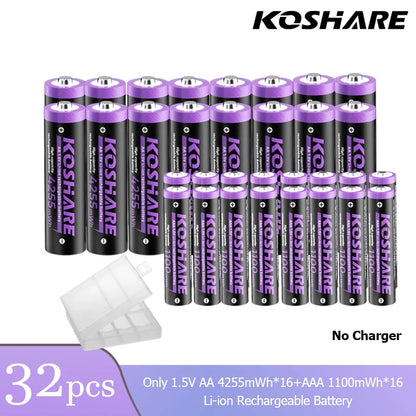 KOSHARE 1.5V AA 4255mWh AAA 1100mWh Rechargeable Lithium Battery Charger Set  With LED Indicator Arc-look Fast Charging Case