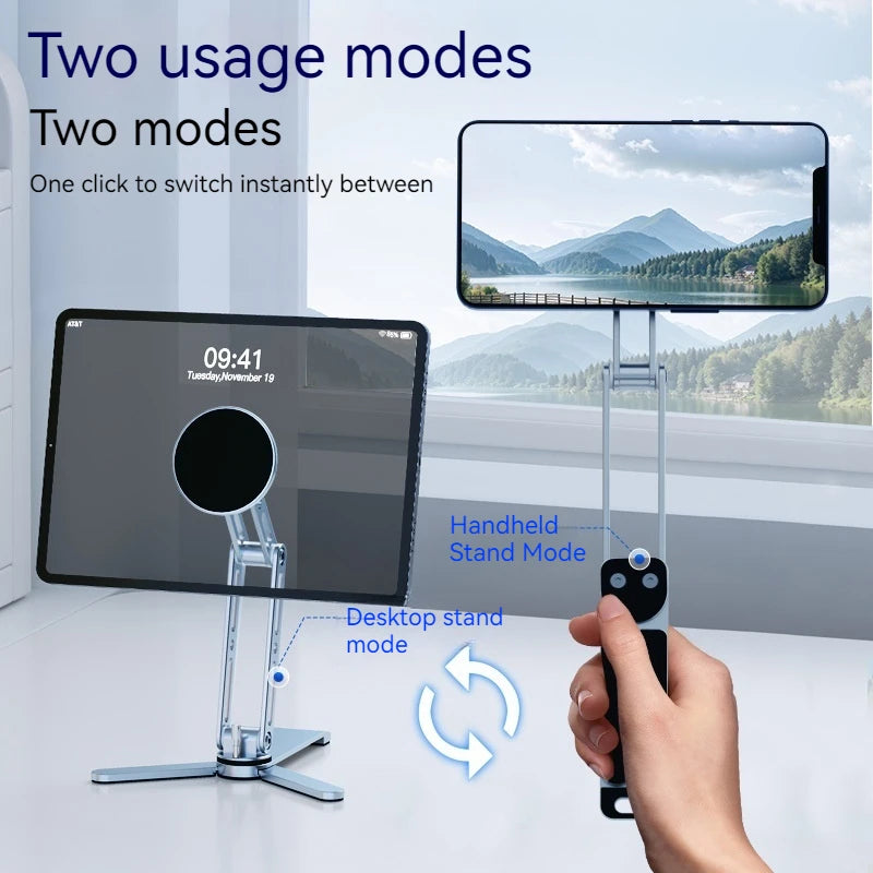 2-in-1 Alloy Magnetic Phone Stand, Foldable 360 Rotation, Handheld & Desktop Dual Use, Universal Compatible with Phone & Tablet