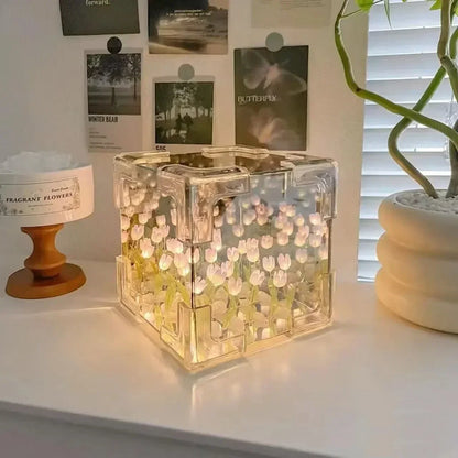Tulip Mirror Cube Lamp Simulation Flower Bedroom Sleeping DIY Table Lamp Handmade Craft Tulips Mirror Night Light Birthday Gift