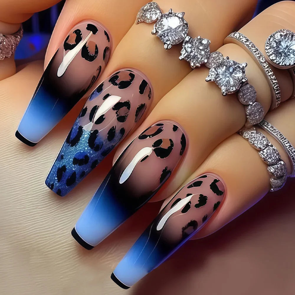 Short Long Press On Nails Leopard Black Purple Blue Glossy Glitter French Tips Self Adhesive Reusable False Nails For Women Girls Daily Manicure