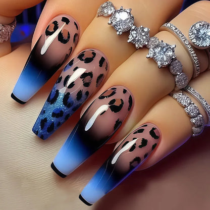 Short Long Press On Nails Leopard Black Purple Blue Glossy Glitter French Tips Self Adhesive Reusable False Nails For Women Girls Daily Manicure