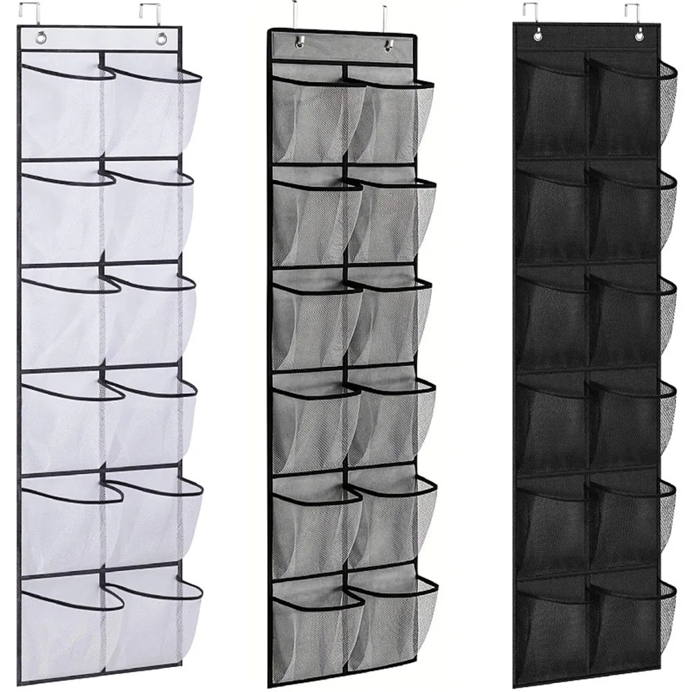 12 Pockets Over the Door Shoe Organizer Large Mesh Pockets With 2 Hooks Transparent Fabric Shoe Rack Storage Bag For Bedroom