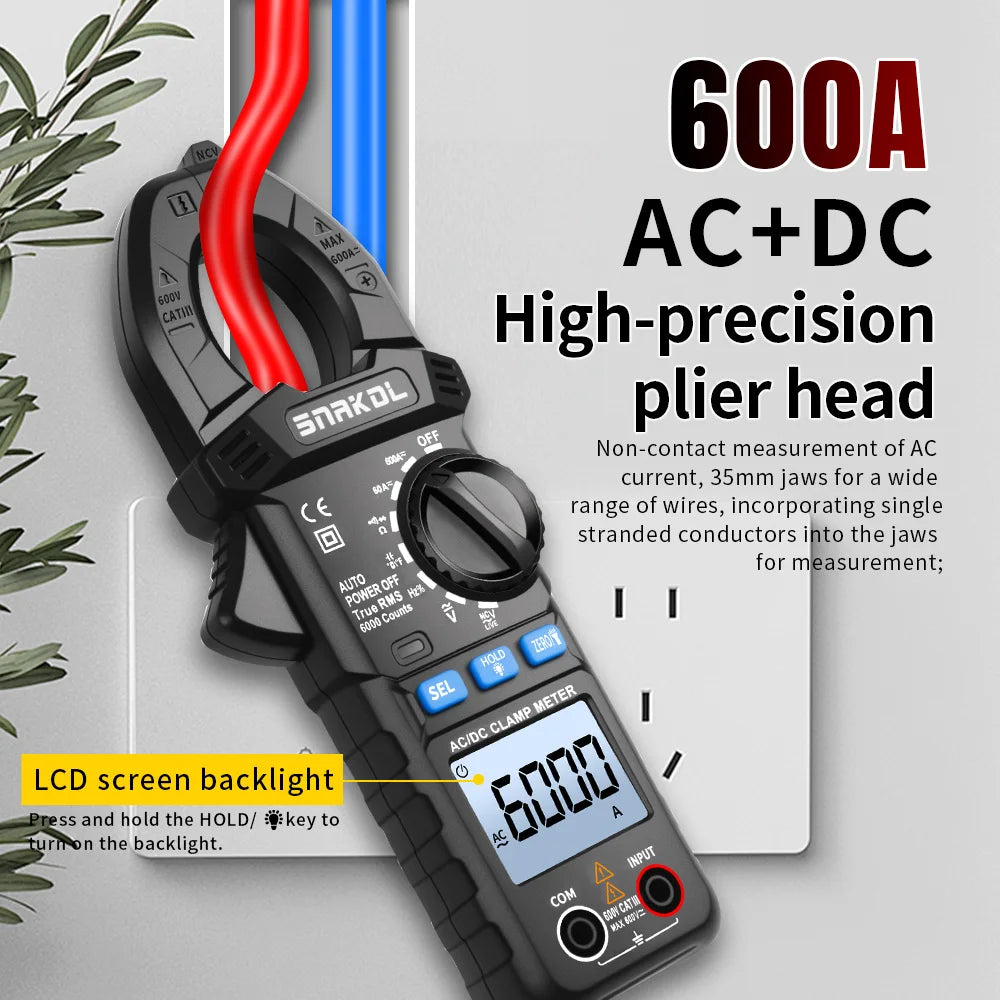 SNAKOL AC DC Current Clamp Meter 600A Digital Ammeter Pliers True RMS Multimeter Professional Electrical Multitester Tool