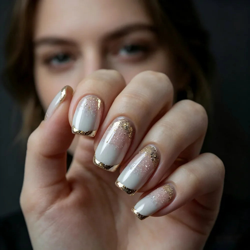 24Pcs Short Square Ombre Gradient Press On Nails Gold Glitter Acrylic Design Self Adhesive Reusable False Nails Daily Party Manicure Supply