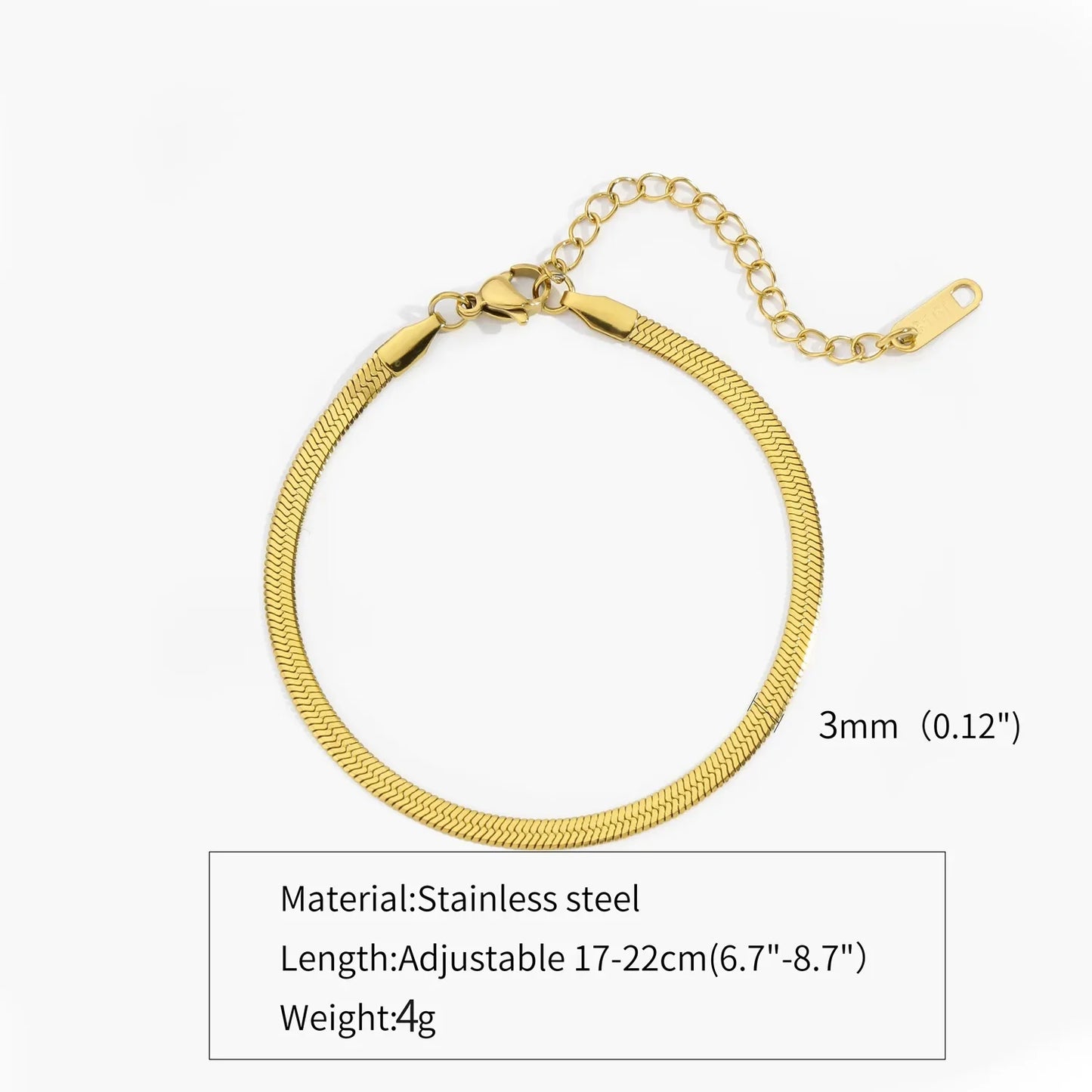 2-5MM Stainless Steel Snake Chain Bracelet - Gold Color Waterproof Bangle