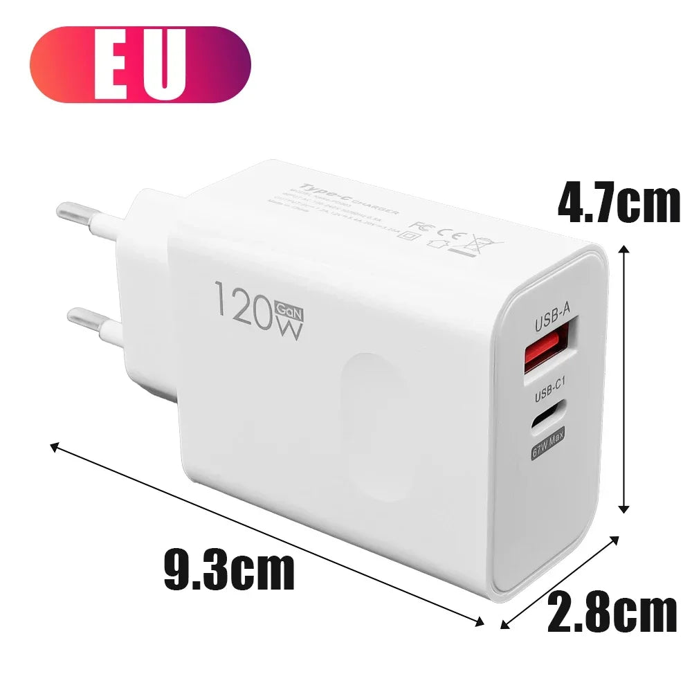 120W Fast Charger USB Type C PD Cable Fast Charging Quick Charge Adapter For iPhone 17 16 15 Pro Xiaomi Samsung Oneplus Huawei