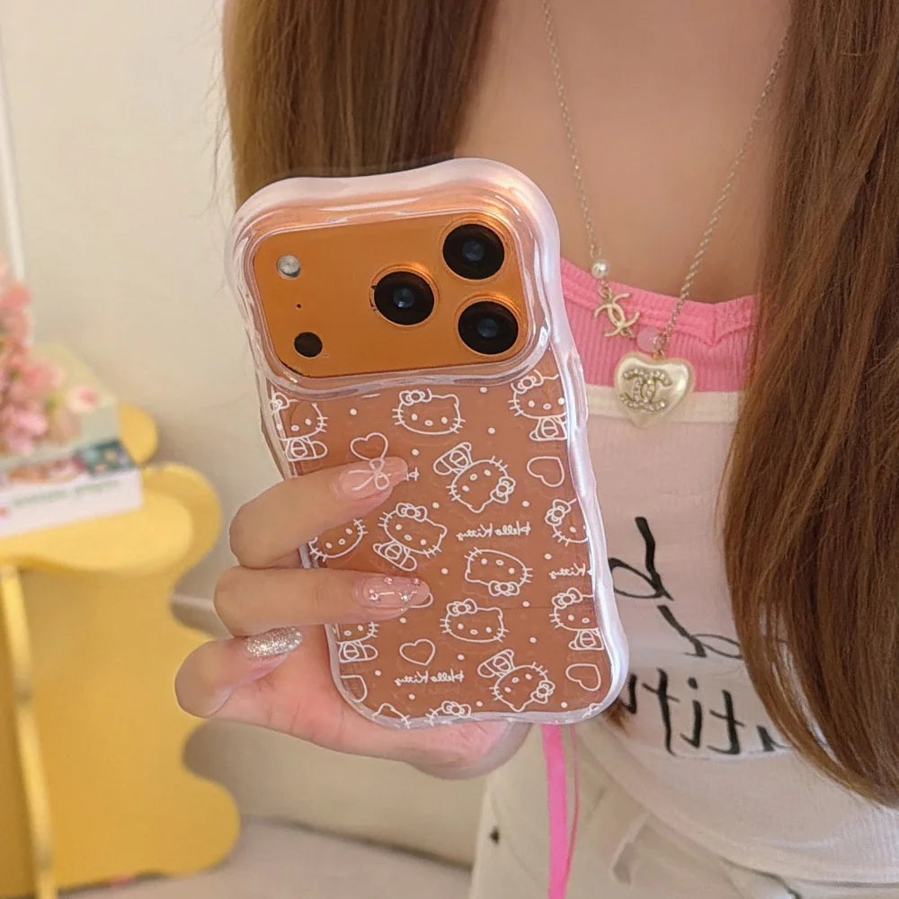 Cute Wave Full Screen Line Hello Kitty Case For iphone 17 16 15 Pro Max Cartoon Sanrio Shockproof Protective Acrylic Phone Cover