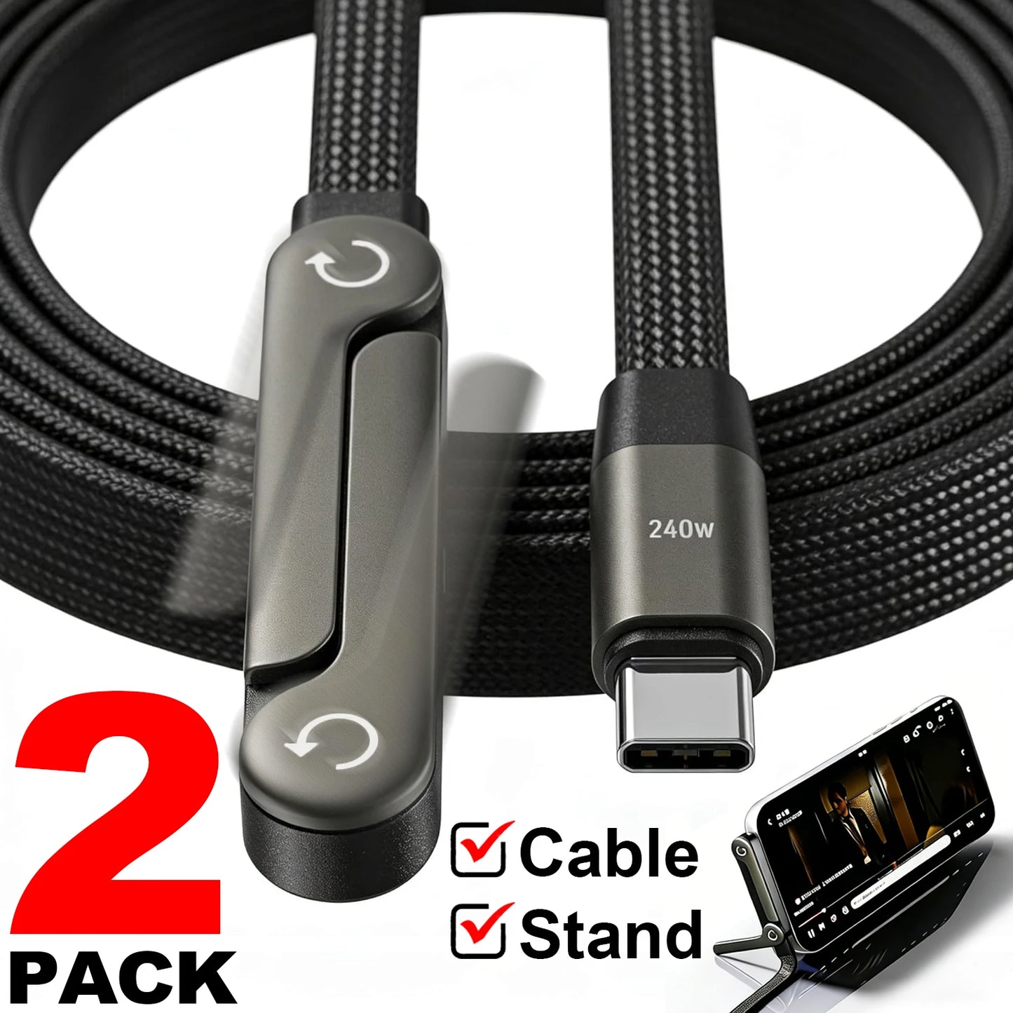 1/2PCS Type C To C Charger Cable 240W Fast Charging Data Line with Built-In Phone Stand for IPhone Samsung Xiaomi Google