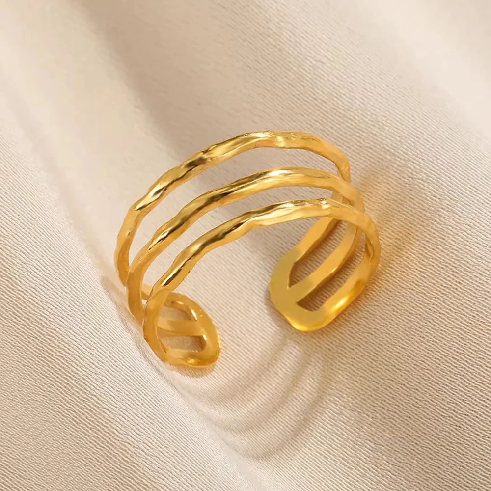 316L Stainless Steel Geometric Open Ring – Gold Color Waterproof Wedding Band