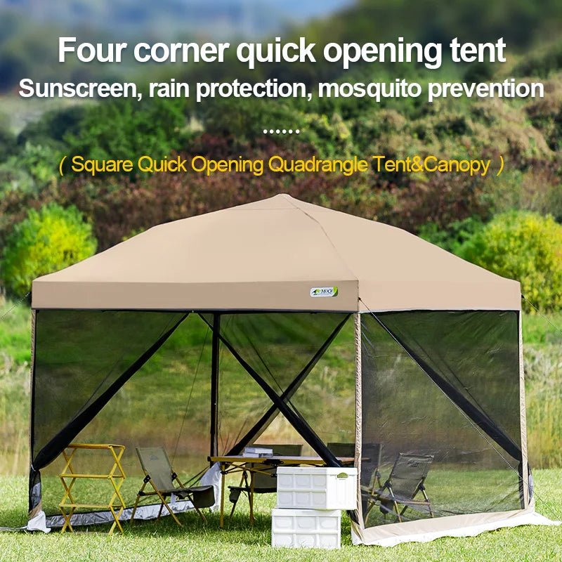 Outdoor Pop-Up Awning Beach Camping Instant Canopy Pavilion Tent With Side Wall 10x10 Feet Khaki Sunscreen Rainstorm Proof