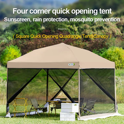 Outdoor Pop-Up Awning Beach Camping Instant Canopy Pavilion Tent With Side Wall 10x10 Feet Khaki Sunscreen Rainstorm Proof