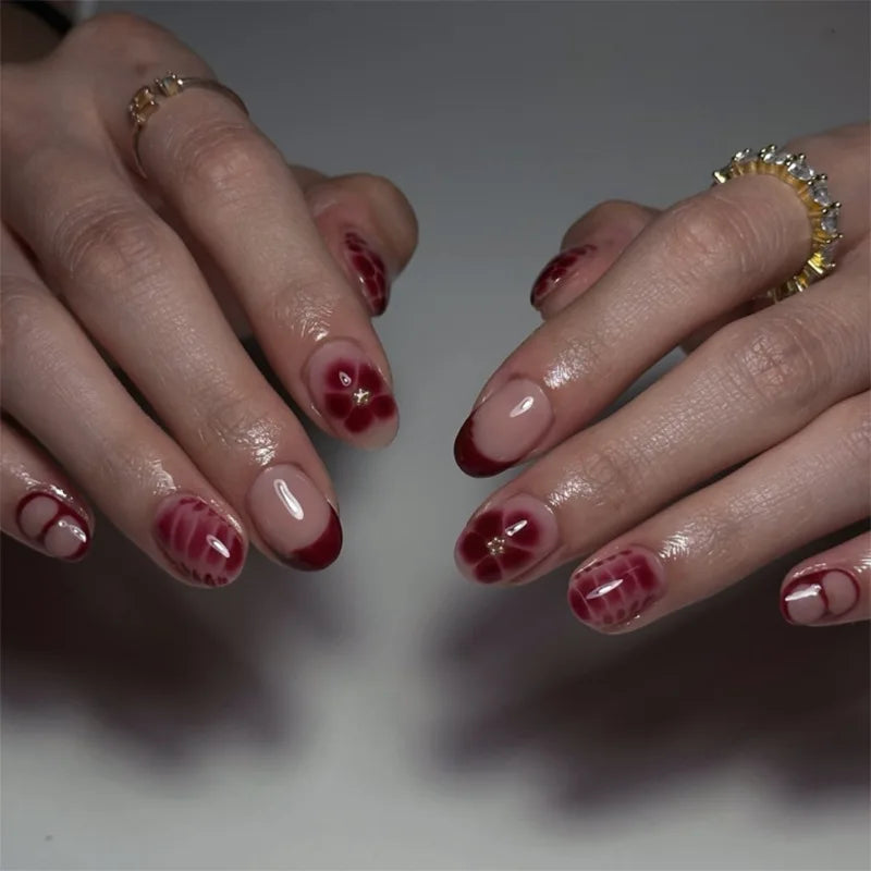 24Pcs Autumn Winter Matte Almond False Nails with Glue Rose Leaf Printing Nail Art Simple Full Cover Press on Acrylic Nails Tips