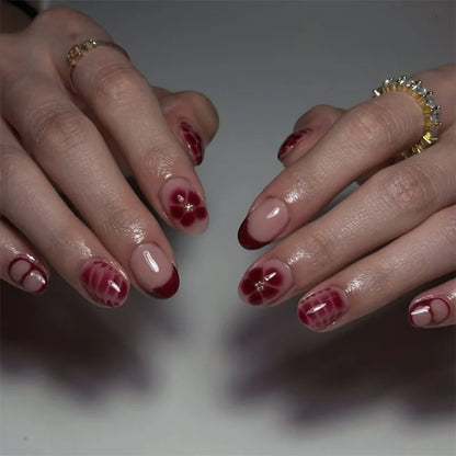 24Pcs Autumn Winter Matte Almond False Nails with Glue Rose Leaf Printing Nail Art Simple Full Cover Press on Acrylic Nails Tips